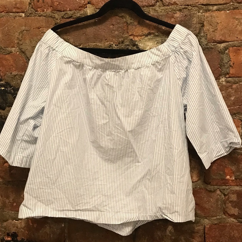 Madewell off the shoulder blue and white blouse